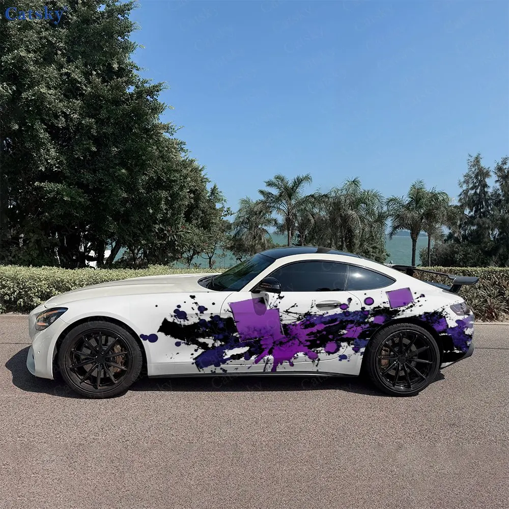 2pcs Black Purple Ink-Splatter Trendy, Durable, Fade-resistant, Enhance Vehicle Aesthetics With Artistic Design Car Vinyl Wraps