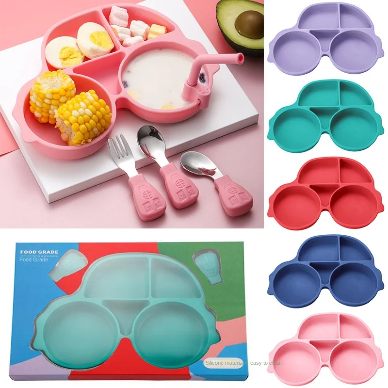 Baby Feeding Dishes Silicone Suction Cup Plate Cute Car Children Feeding Plate Non-Slip Baby Food Feeding Bowl for Children