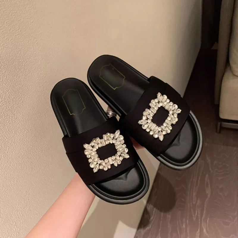 

Fashion Thick Flat Sole Heighten Sandaly Square Rhinestones Slippers Women Round Peep Shallow Outdoor Beach Sandals Casual shoes
