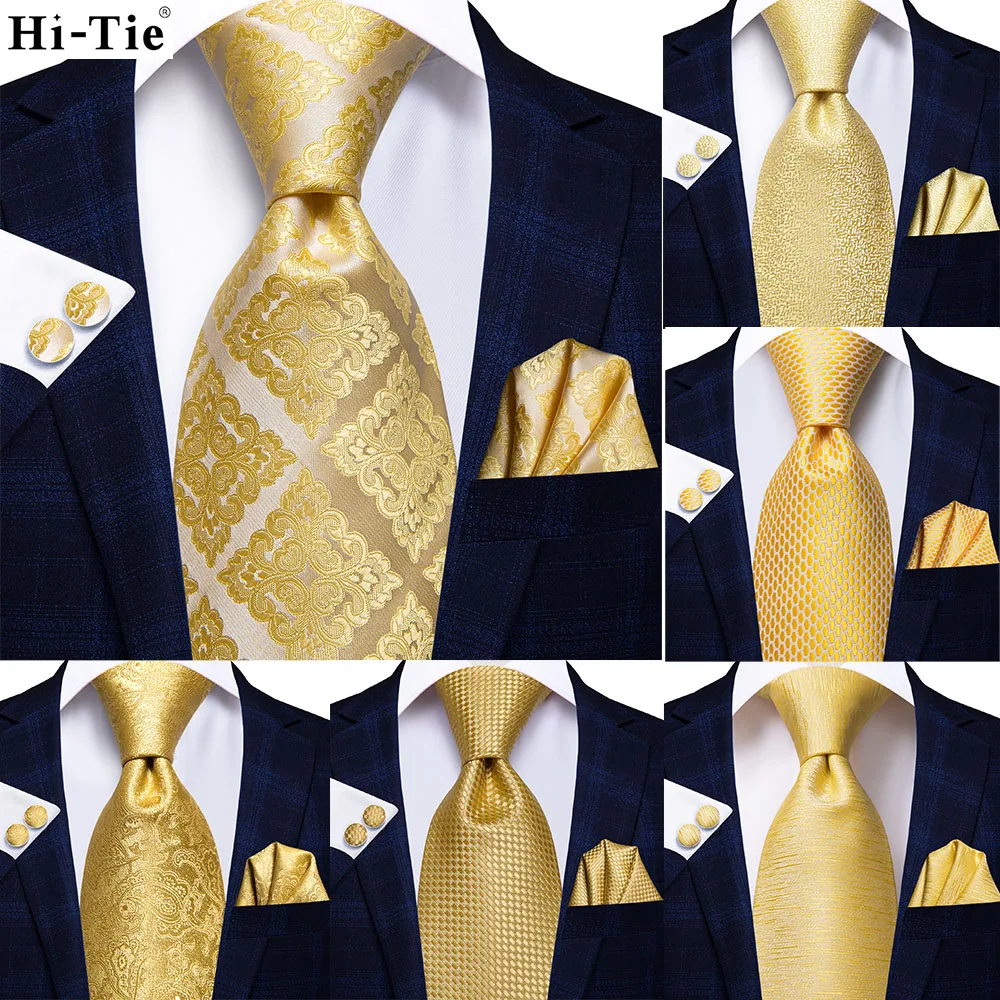 Hi-Tie Designer Yellow Gold Palid Paisley Silk Wedding Tie For Men Hanky Cufflink Gift Men Necktie Gravata Set Business Dropship