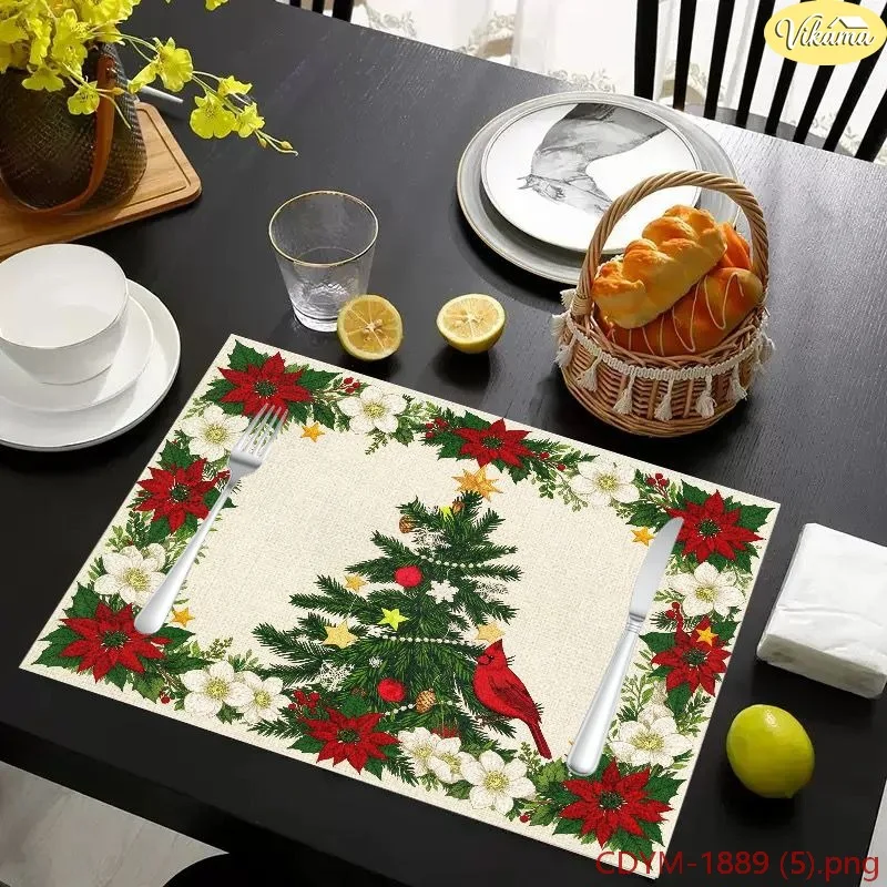VIKAMA Christmas Placemats Green Buffalo Plaid Snowman Cardinal Let it Snow Washable Mat Winter Holiday Kitchen Decor