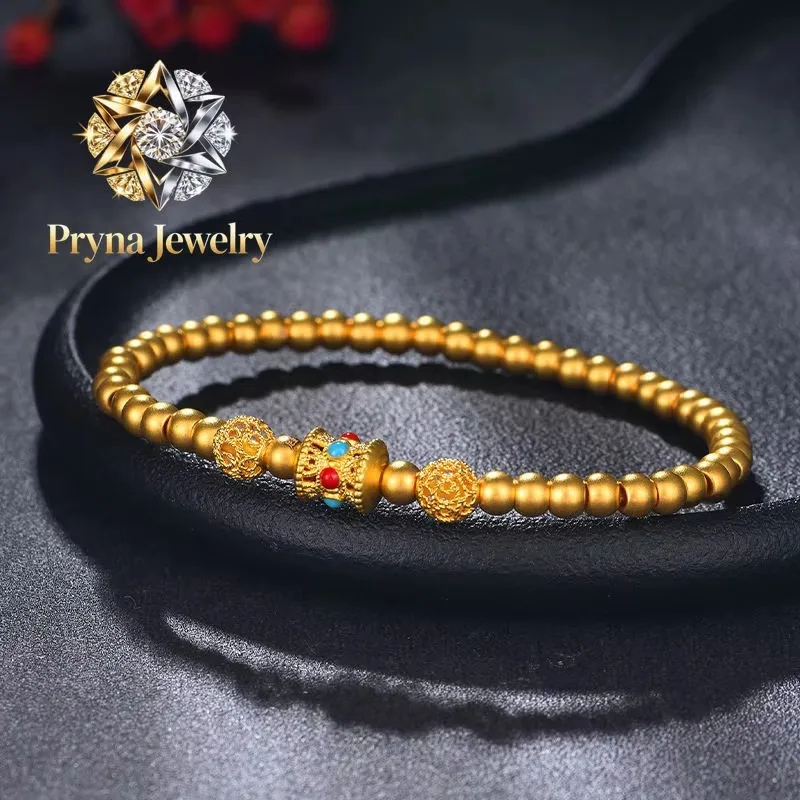 Pryna Jewelry   9999 24K real gold ancient transfer bead bracelet exquisite hollow flower mercerized beads small golden bean bra