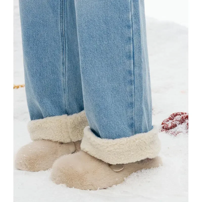 ELFSACK Minimalist Casual Classic Solid Plush Cuff Straight Floor Length Jeans For Women