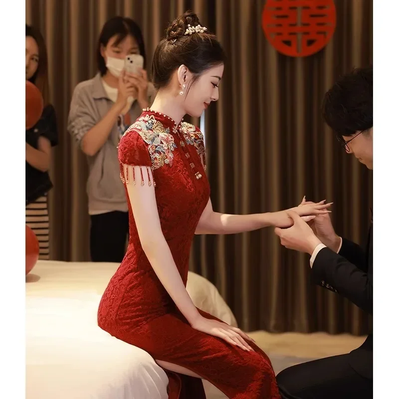 AOSHIYA Yourqipao Chinese Cheongsam Wedding Toast Dress Burgundy Engagement Dress China Traditional Clothing Long Evening Party