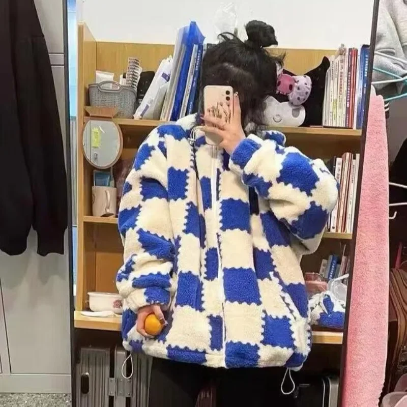 Blue Checkerboard Plaid Sweatshirts Women Fleece Loose Casual Hoodies Cute Girls All Match Autumn Winter Outwear Student Coats