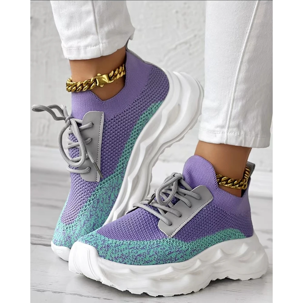 

Women Colorblock Lace-up Breathable Sneakers Spring Autumn Round Toe Platform Sports Casual Shoes Going Out Korean Style