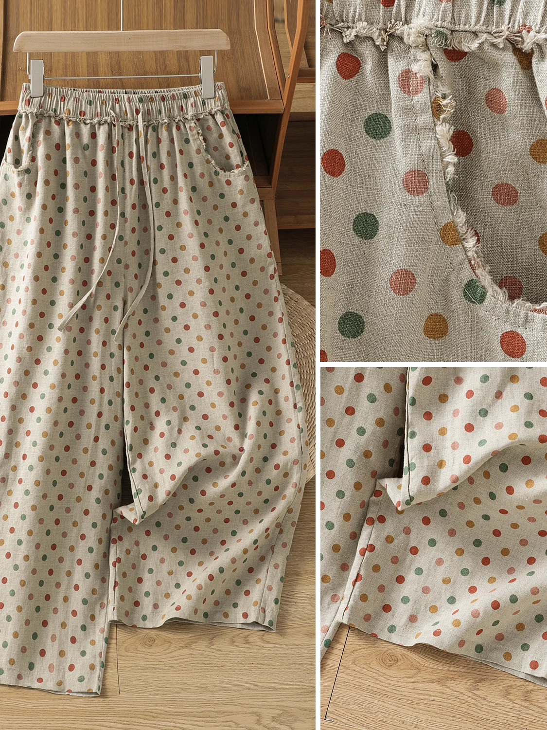 

Повседневные широкие брюки из льна с принтом в горошек, с высокой талией, длиной 7/8, прохладные, стройнящие, летние, женские