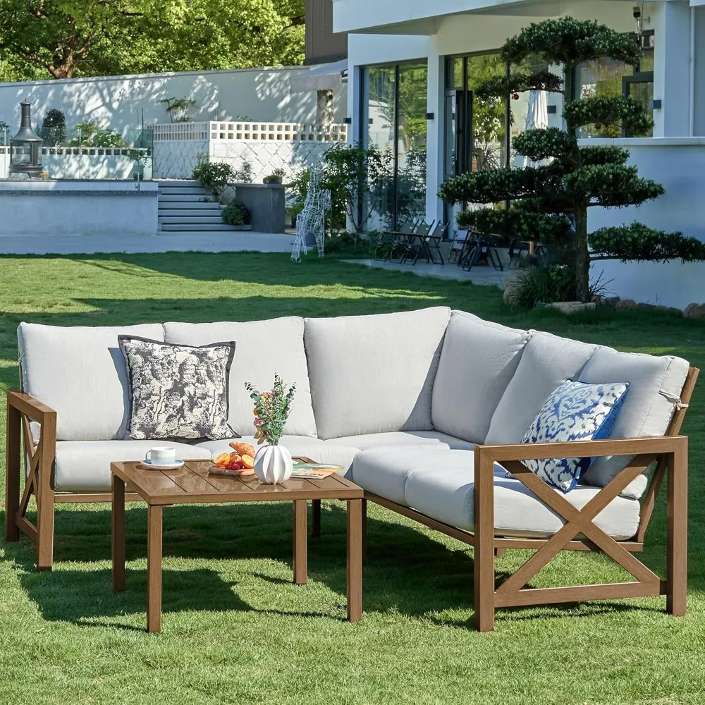 

6 Piece Patio Furniture Set, Outdoor Furniture Set Terrace L-Shaped Modular Sofa Patio Set, Hand Brushed Wood Grain Frame