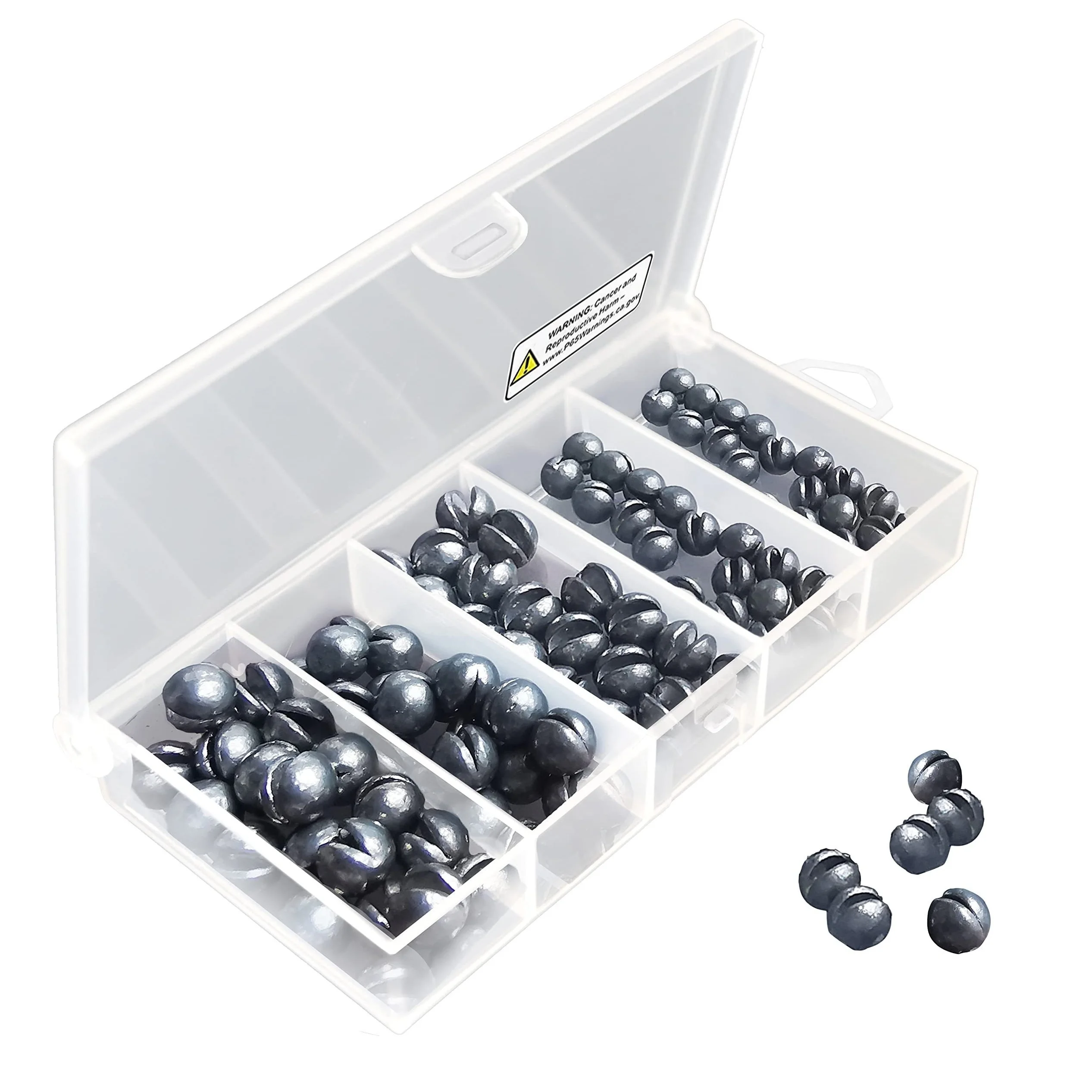 100 Stück Angelgewichte-Set, 100 Stück Runde Split Shot Sinker, Angelgewichte Ei-Sinker in 5 Größen, Kunststoffbox-Verpackung
