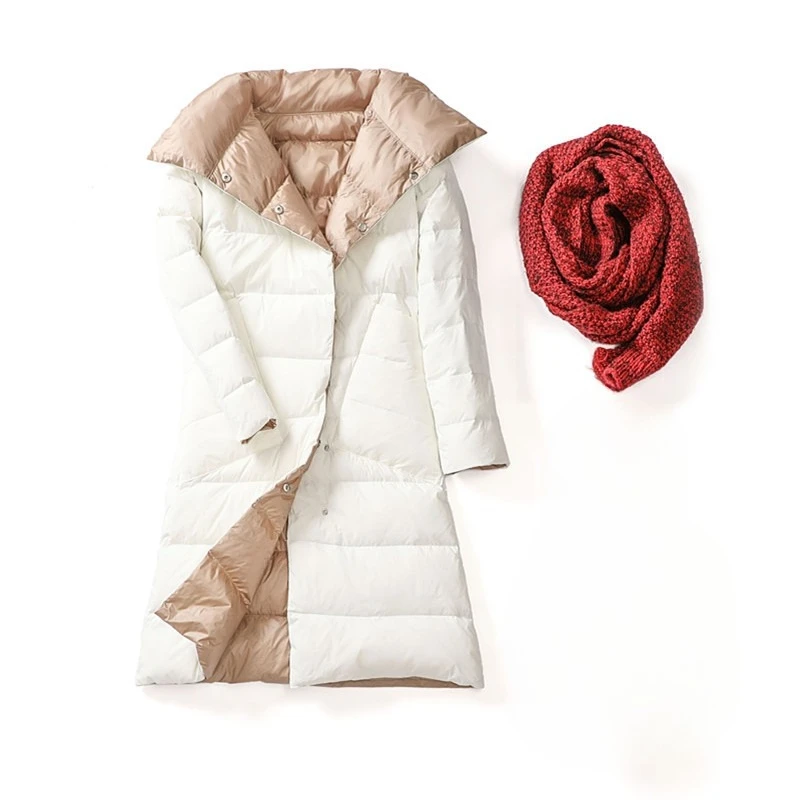 سترة نسائية خفيفة من ريش البط الأبيض مريحة للشتاء جديدة متوسطة وطويلة على الوجهين بطول الركبة بقصة ضيقة