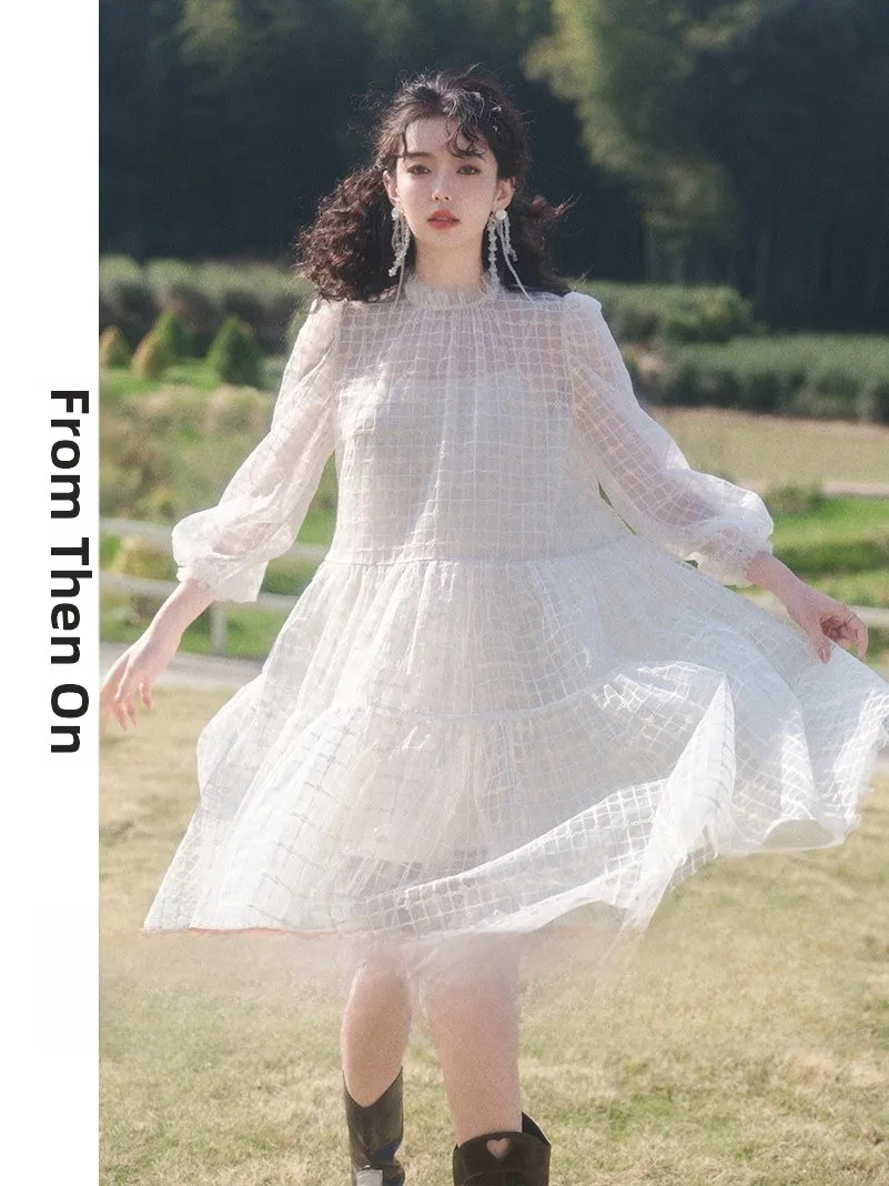 Elegant Long Sleeve Dress Luxury Vacation Wear Spring Season High Waist A-Line Skirt Retro Style round Neckline Casual Dress