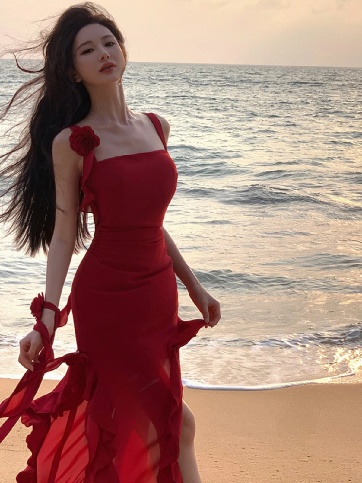 3D-Abschlussballkleider in Rot, Rosy, 2025, lange Spitze, Applikation, Tüll, Ballkleid für Frauen, formelles Abend-Partykleid, sexy Bankettkleid Wh10