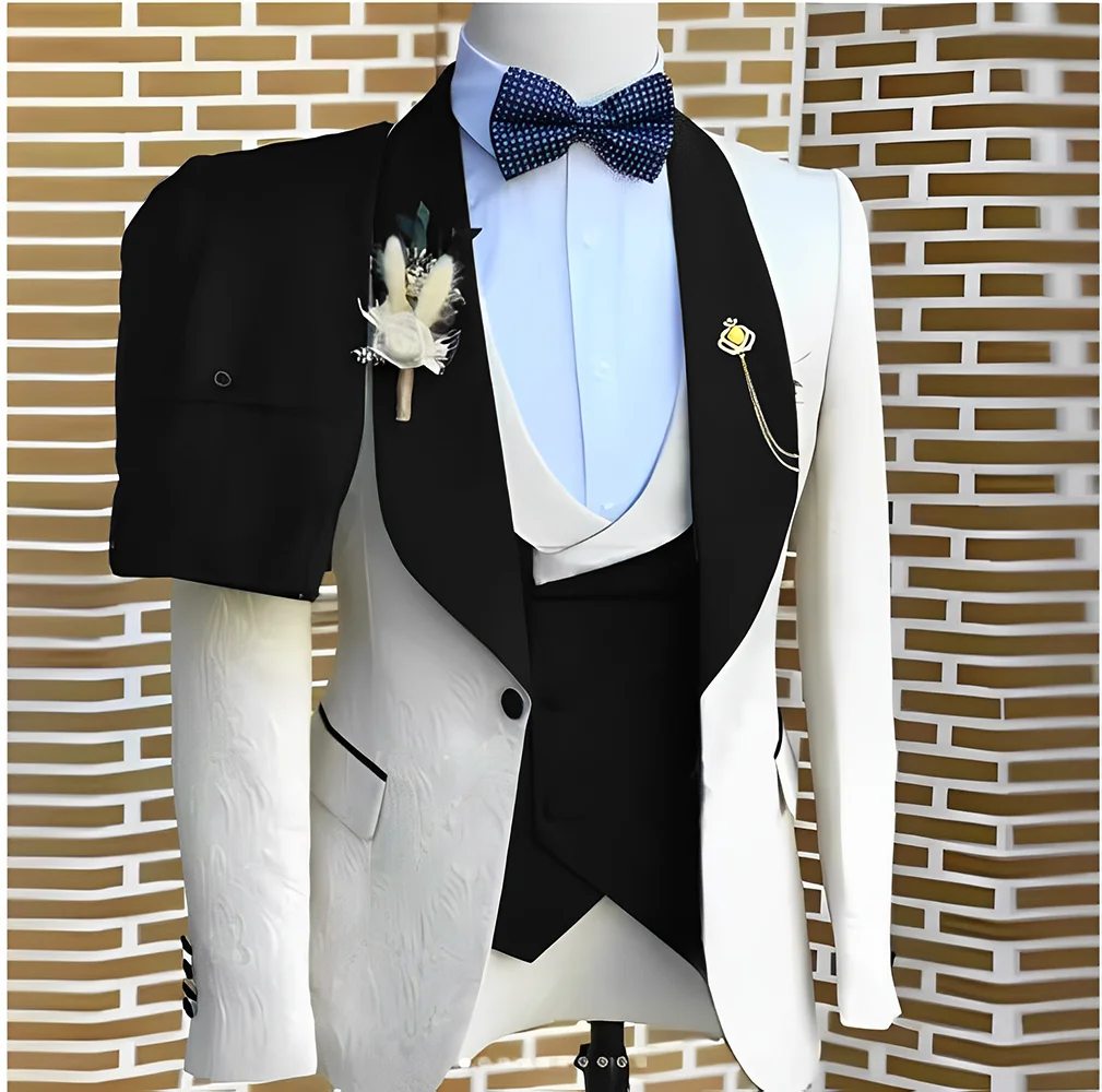 Elegant WhiteJacquard Suits Men For Wedding Formal Jacket Vest Pants 3 Pieces Groomsman Tuxedos Tailored Male Fashion Clothing