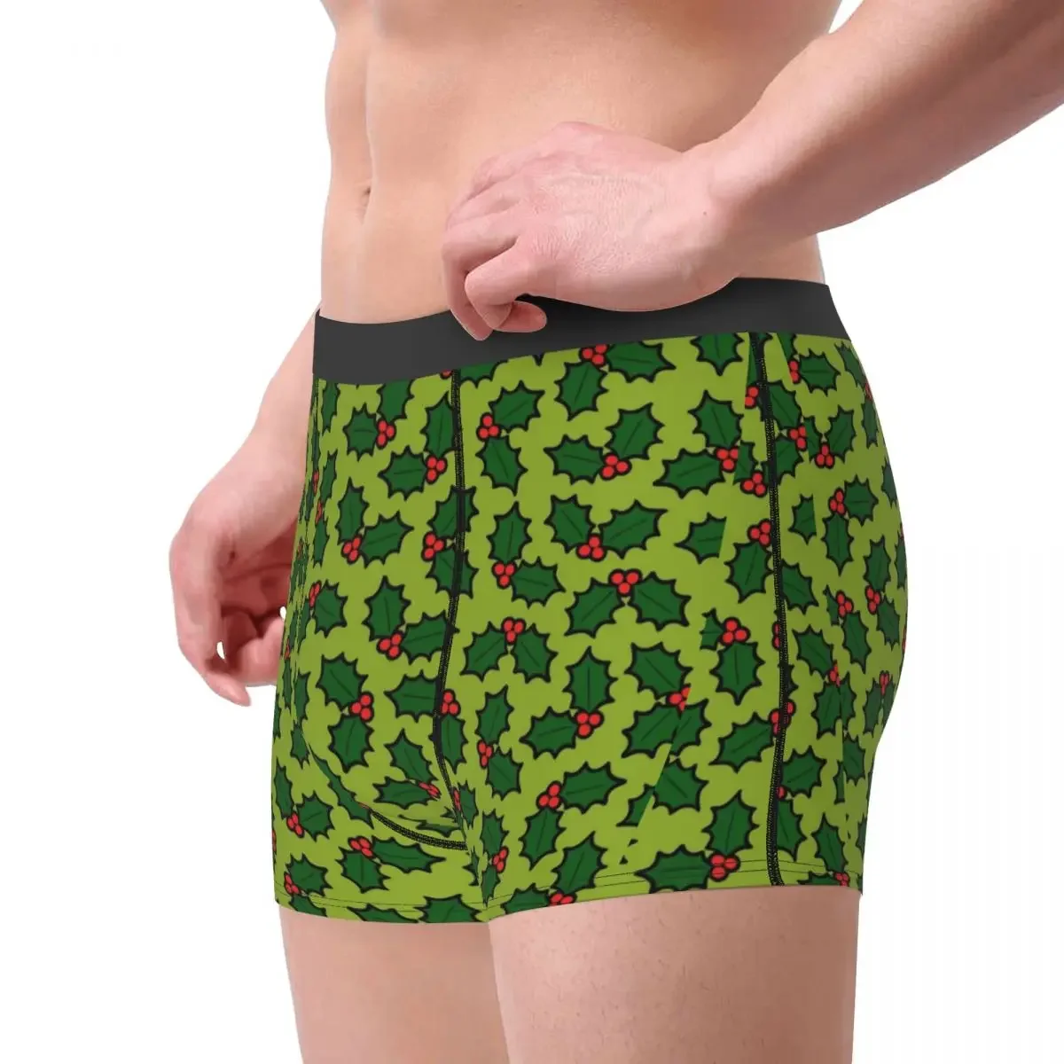 Fashion Boxer Shorts Panties Men's Green Holly Leaves And Berries Pattern Underwear Soft Underpants for Homme S-XXL