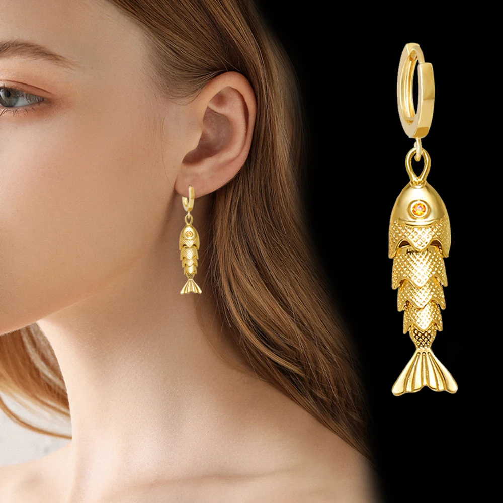 Women's Retro Dynamic Small Fish Earrings Stainless Steel Collarbone Chain Design High-End Jewelry Gift