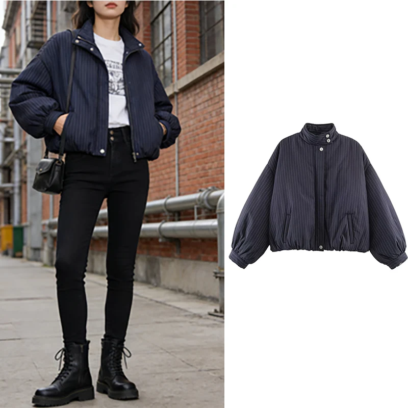 

Женская хлопковая куртка в темно-синюю полоску, воротник-стойка, свободные пышные рукава, короткое повседневное осенне-зимнее пальто