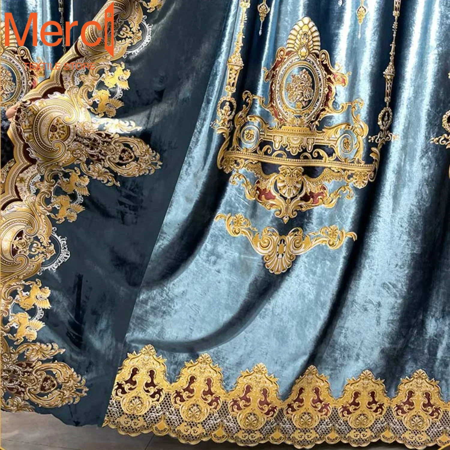 European Palace Luxury Customize Curtains For Living Room Bedroom Tulle Valance Blue French Velvet Embroidered High Shading