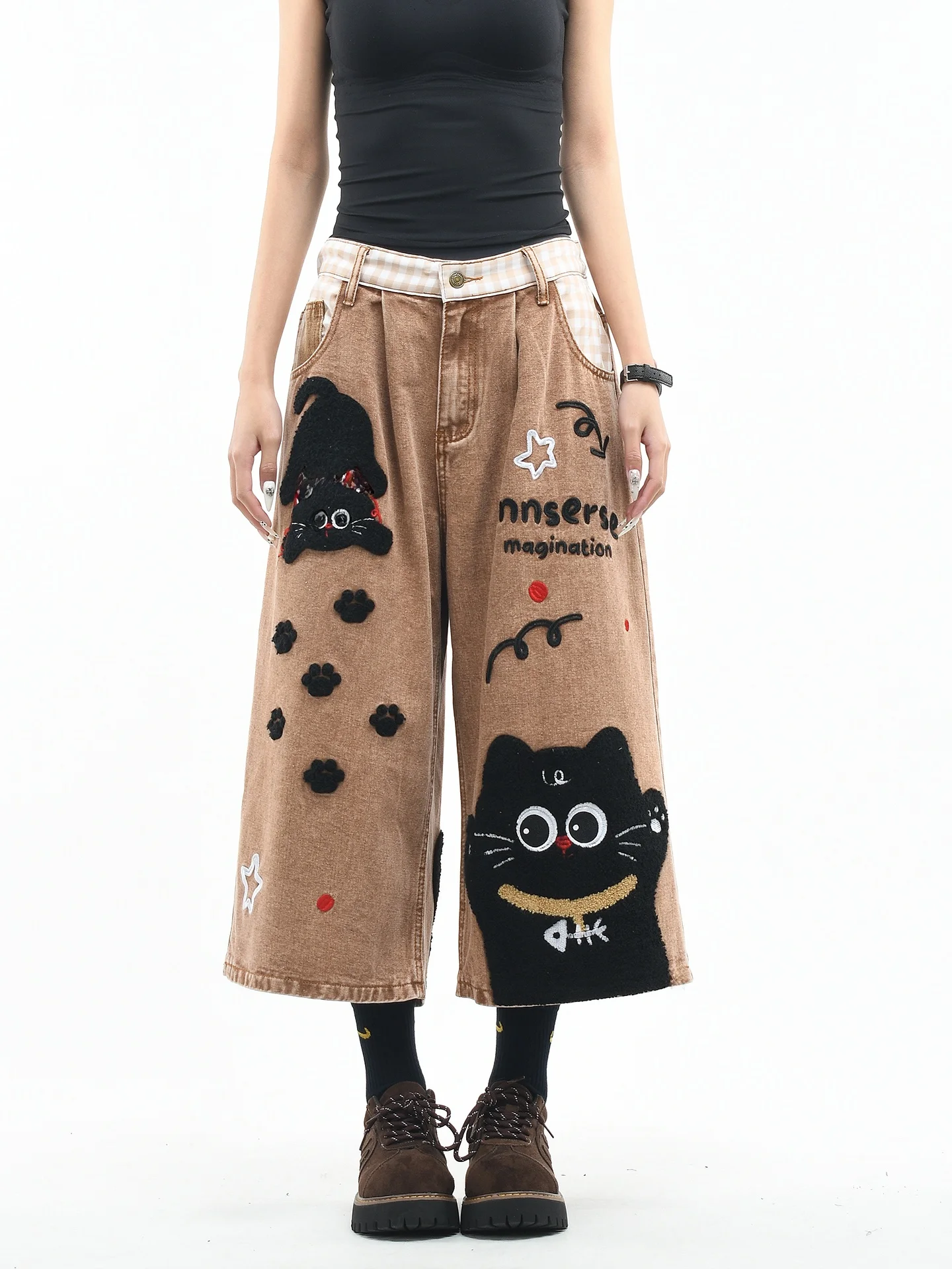 

OV Original Cartoon Towel Embroidered Distred Waed Wide Leg Jeans orts for Women Summer Casual Loose Fit Jeans orts