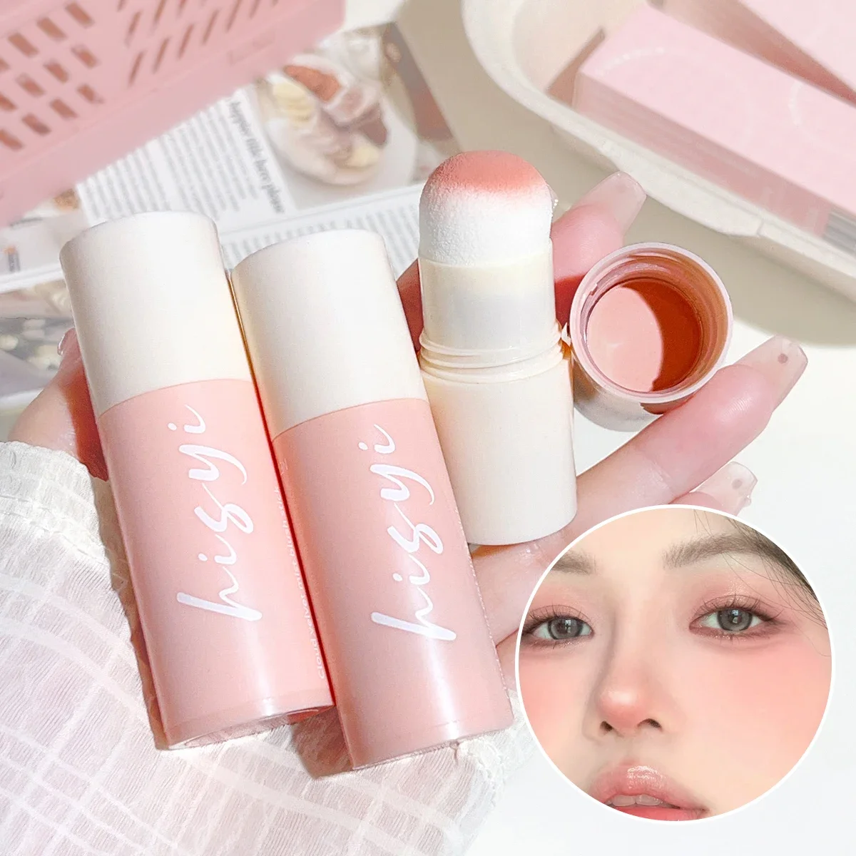 벨벳 핑크 블러쉬 스틱 - 내추럴 매트 마감, 워터프루프, 입술과 치크용, 휴대용 메이크업