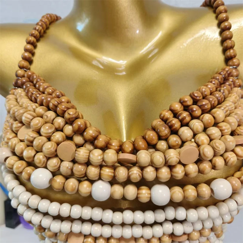 Handgefertigte Holzperlen-Körperkette für Damen, Boho-Stil, mehrlagig, Perlen-Strand-Bikini-Überzug, Festival Y2K Schmuck – Detail 9