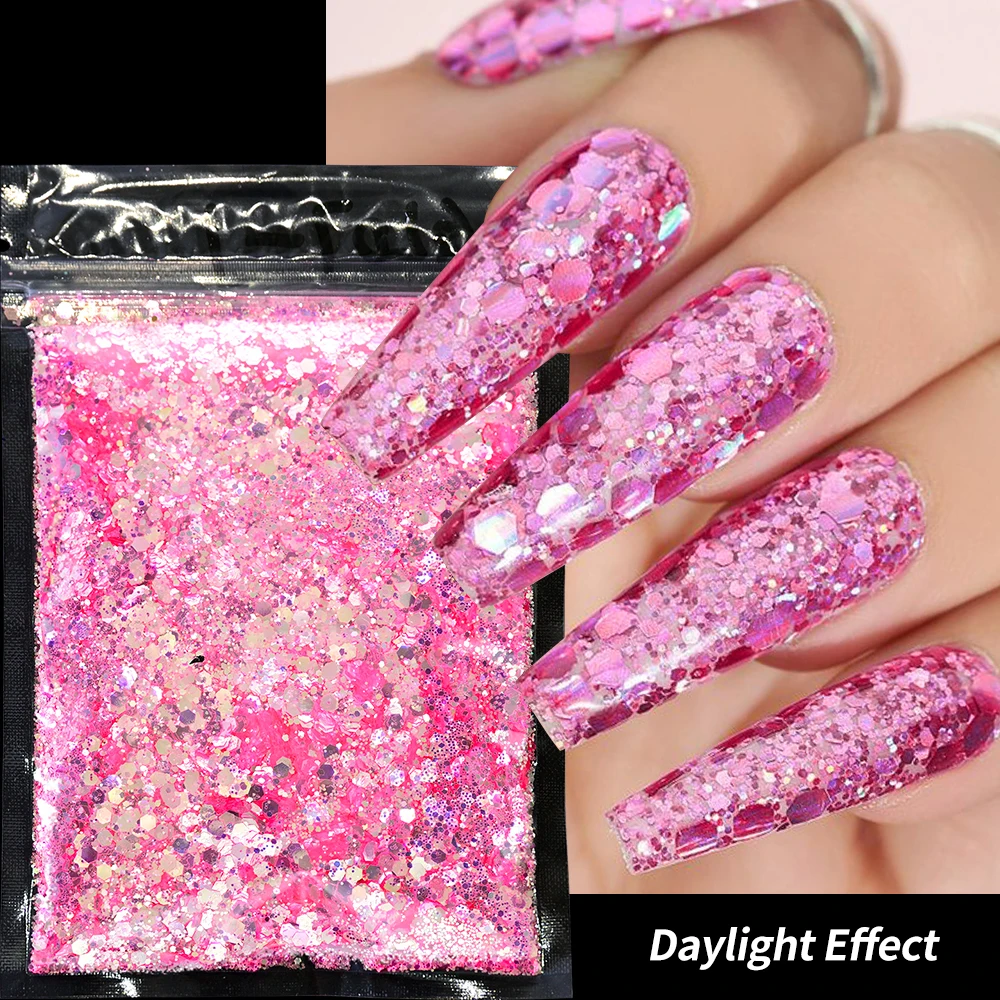 50g Pink Hexagon Chunky Nail Art Glitter Sequins 10colors Sparkly Iridescent Mixed Flakes Nail Diamond Glitter Manicure Sequin#m