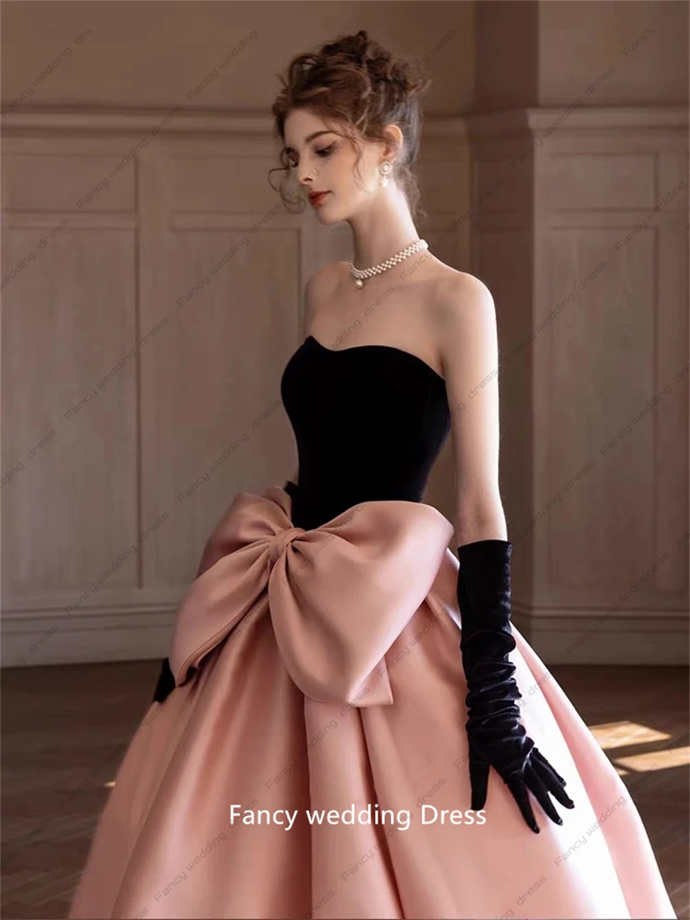 Fancy Pink Evening Dresses A-line Strapless Black Gloves Bow Silk Ribbon Formal Party Prom Princess Quinceanera Gowns customized