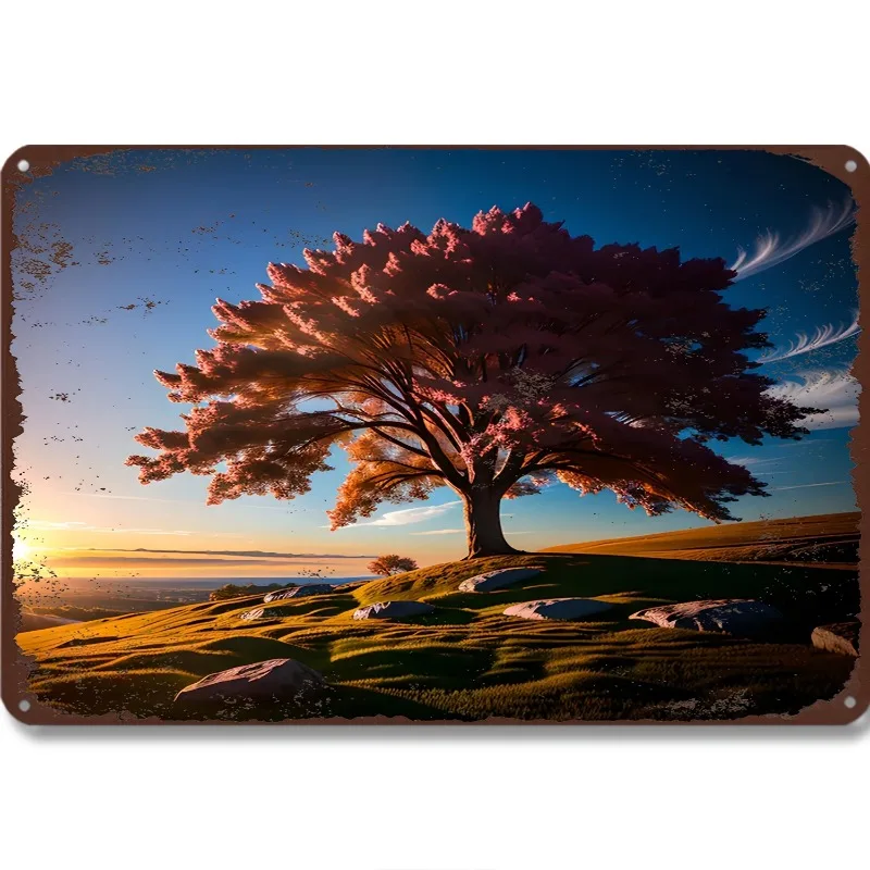 Decorative Metal Plaque: Intricate Depiction of A Colorful Tree on A Serene Hillside, Ideal for Interior Wall Decoration