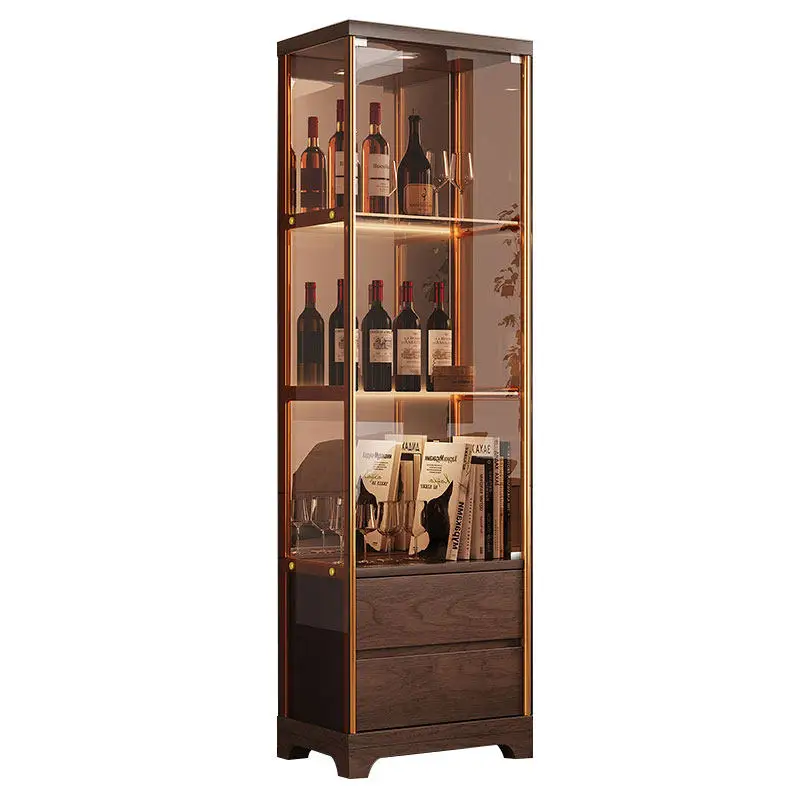 Living room glass wine against the wall display cabinet New Chinese solid wood wine cabinet Storage decorative