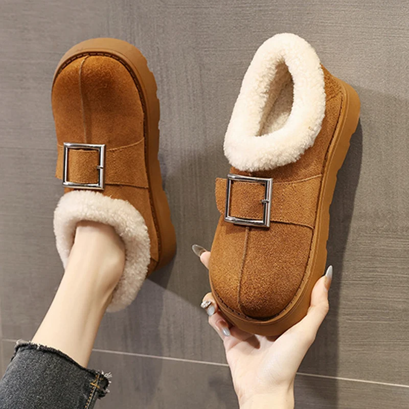2025 Winter Shoes Women Suede Boots Warm Plush Flat Non-slip Cold Winter Fashion Ladies Ankle Snow Boots Black Yellow D630