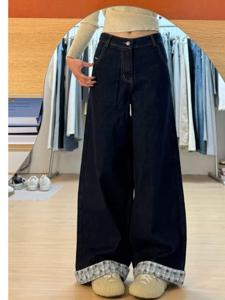 

American Style Plaid Cuffed Fleece Lined Wide Leg High Waist Denim Jeans Women's Autumn Winter plus Size Slimming Straight Pants