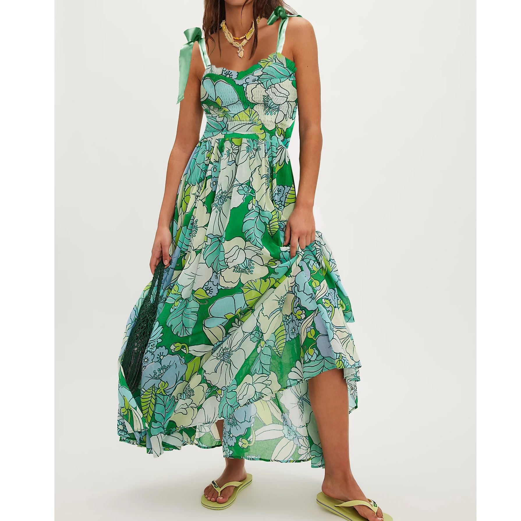 Abito da donna con spalline allacciate Abito estivo senza maniche con scollo a cuore Abito con stampa floreale Abito lungo smock