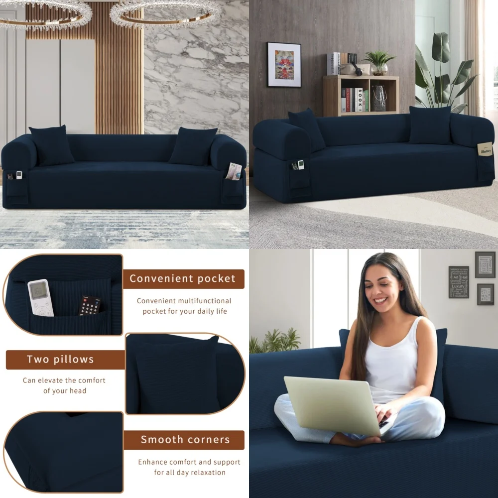 

Living Room SofasPlush Corduroy Floor Sofa with Pillows and Side Pockets Comfortable Cloud Couch for Living Room