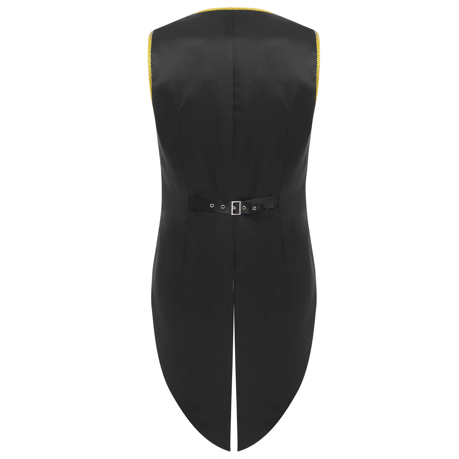 남자 반짝 이는 스팽글 Ringmaster Tailcoat 조끼 양복 조끼 할로윈 테마 파티 롤 플레잉 의상을위한 골드 트림 민소매 자켓