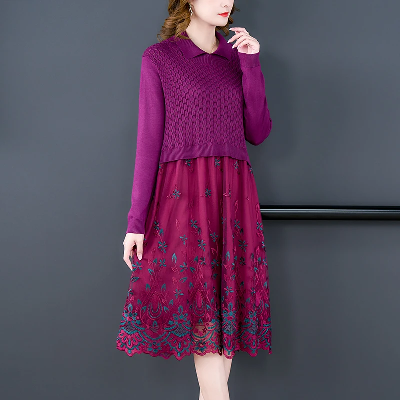 2023 New Fashion Knitted Embroidery Dress Women's Autumn and Winter Vintage Long Sleeve Loose Fit Casual Dress Vestidos