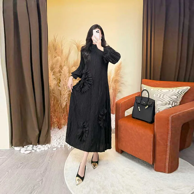 ミヤケプリーツ2025秋冬刺繍ドレス、ライトラグジュアリーハイエンドスタンドフラワー弾性メッシュルーズロングスカート