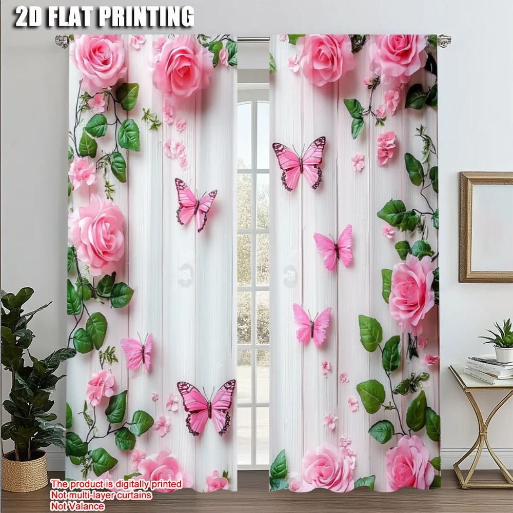 2pcs, Curtain Fabric 2D plane printing Garden Butterfly Print Machine Washable Fabric (without rod) Decorations Inside Perfect