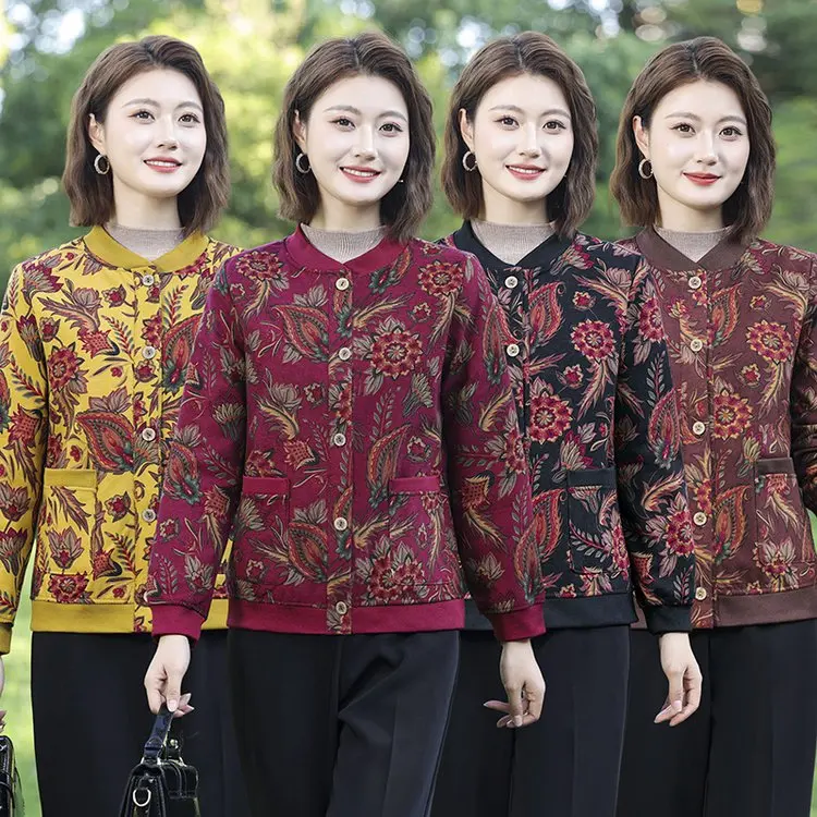 

Fce Lined Printed Baseball Jaet ort Sle for Women Aged 40 to 50 Spring Autumn Outerwear Casual Comfortable Cotton