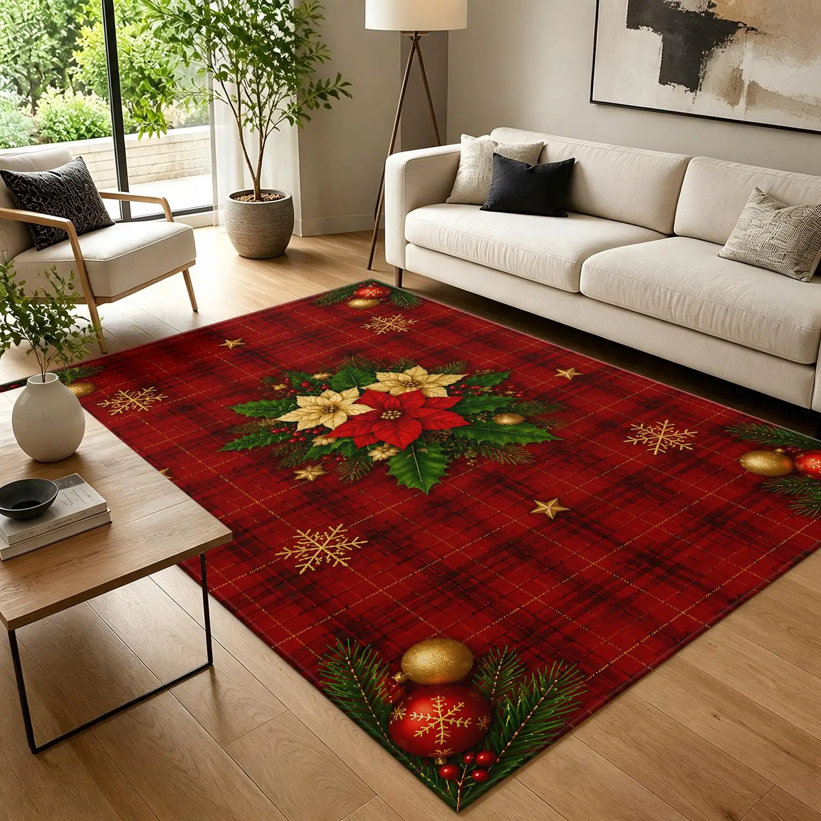 1pc Christmas Poinsettia Pattern Area Rug, Red Plush Plaid Design, Non Slip & Machine Washable, for Living Room, Bedroom