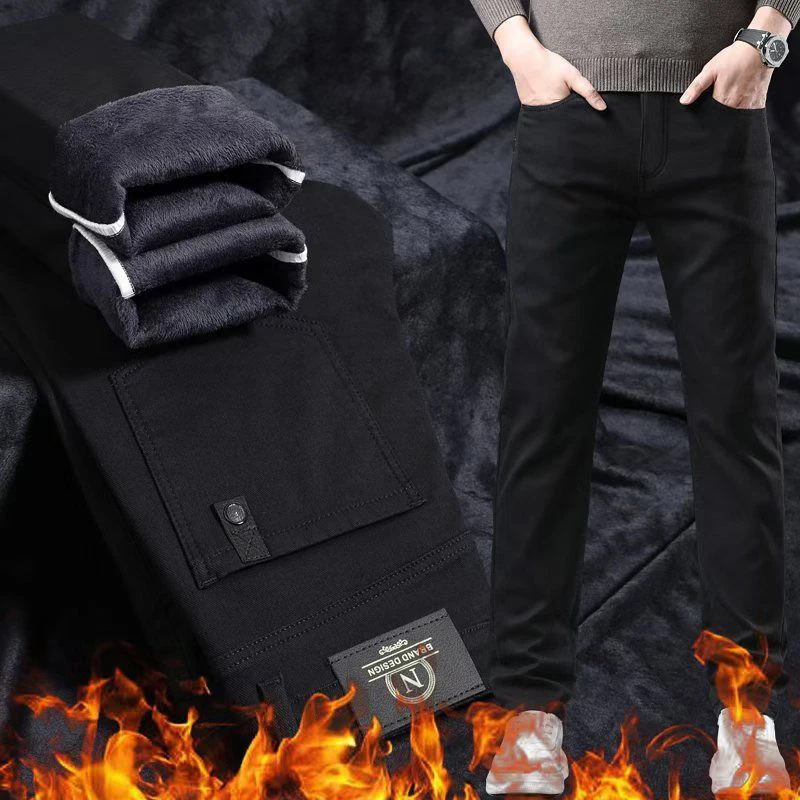 

Мужские утолщенные повседневные джинсы на флисовой подкладке, мужские модные саржевые термобелье, облегающие джинсовые брюки, свободные прямые брюки