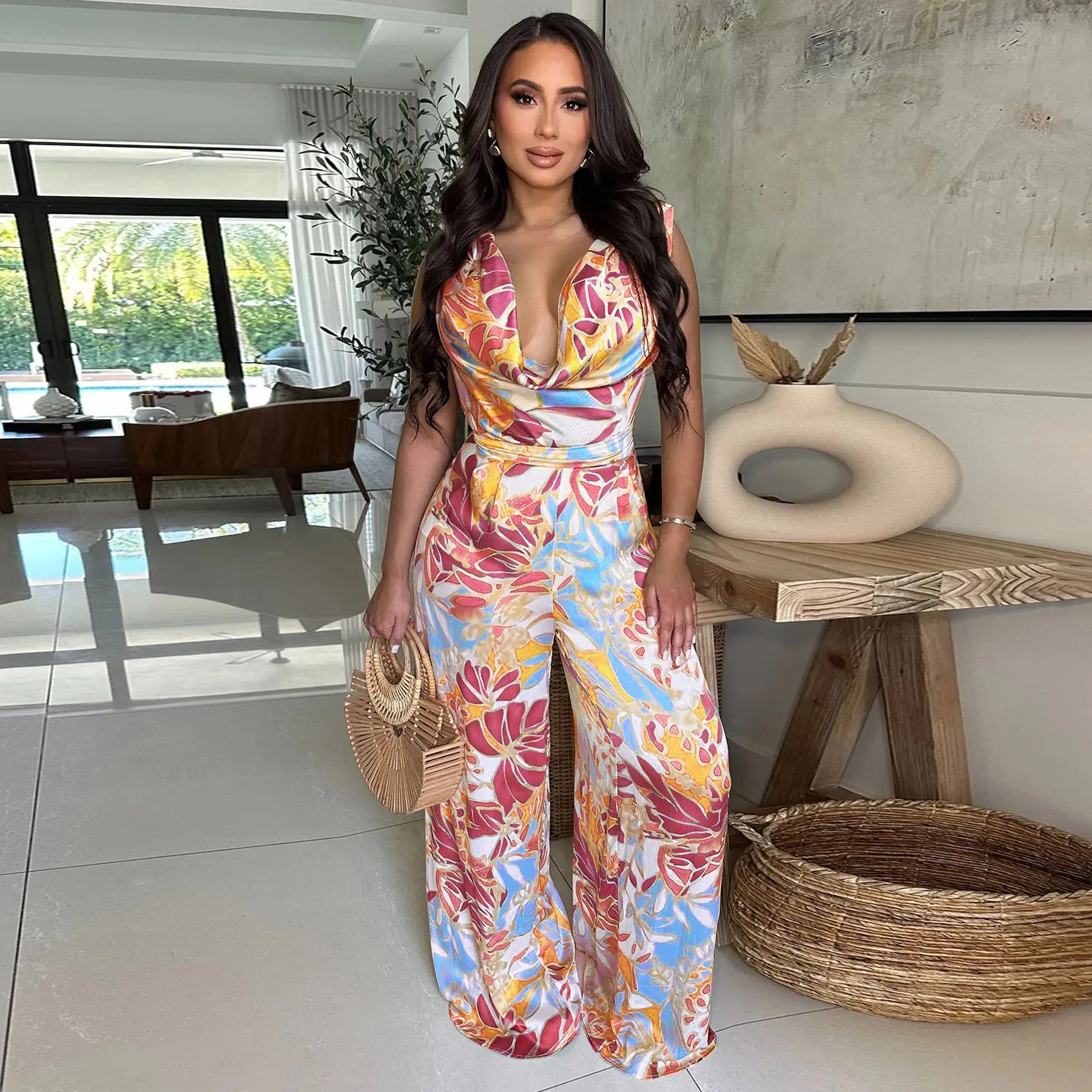 패션 여성 꽃 인쇄 빈티지 민소매 넓은 다리 점프 슈트 여름 해변 나이트 클럽 Playsuit 원피스 정장 Romper