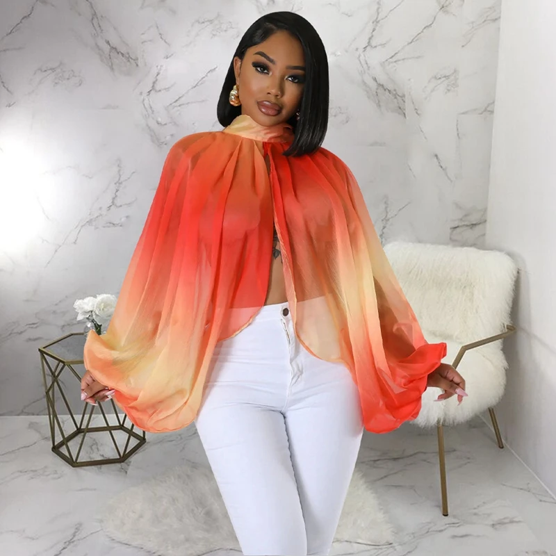 Gradient Print Batwing Sleeve Chiffon Shirts Long Sleeve Front Split Sexy See Through Casual Loose Asymmetrical Tops Streetwear