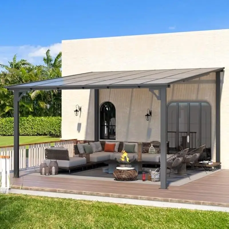 12 Foot Octagonal Wall-Attached Hard Top Gazebo with Waterproof Inclined Roof UV Resistant Outdoor Shelter for Patios Decks Back