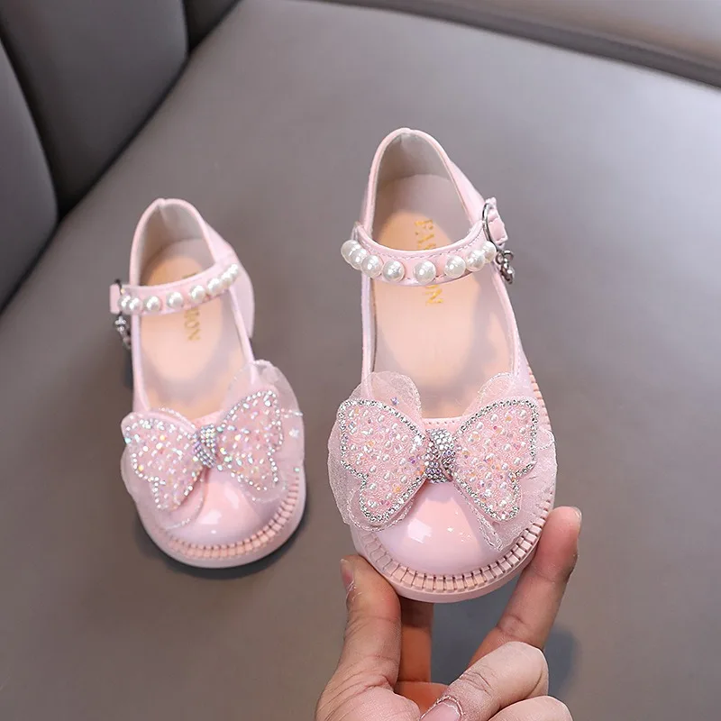 

Children Performance Princess Shoes Kids Pearl Rhinestone Square-toe Flats Casual PU Leather Shoes Girls Casual Princess Shoes