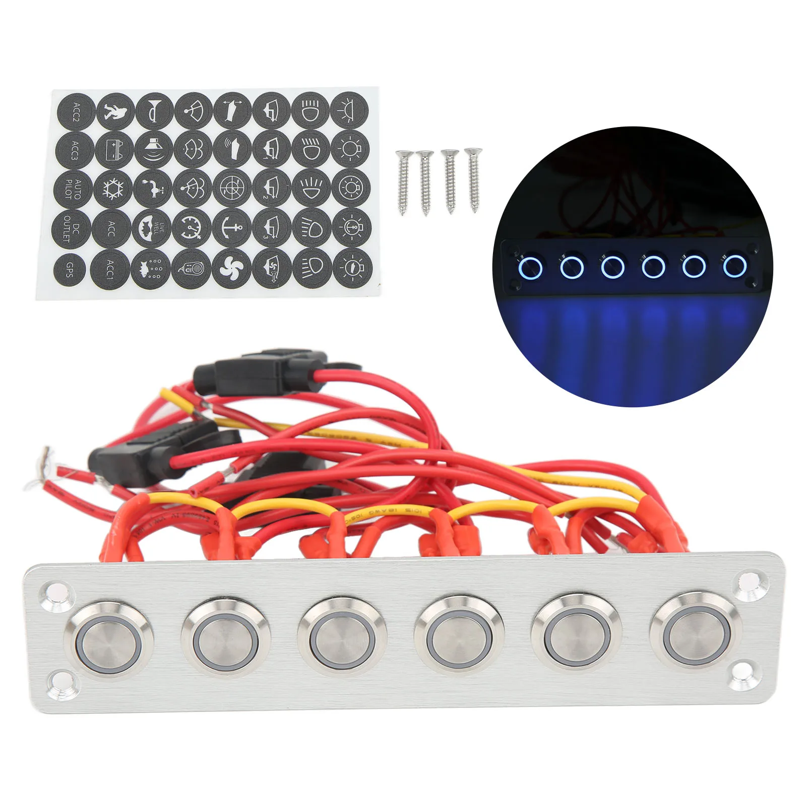

Boats Pre Wired 6 Gang Push Button Switch Panel with Blue LED Lights Car RV Yacht 12V-24V DC System Marine Accessories
