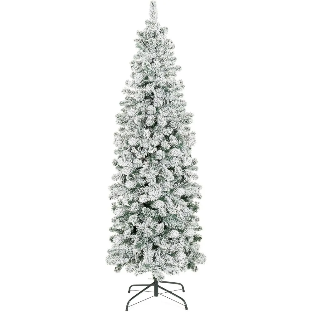 

Flocked Pencil Christmas Tree,12Ft Lighted Skinny Snowy Appearance w/Base Pre-Lit Slim Artificial Holiday Decoration