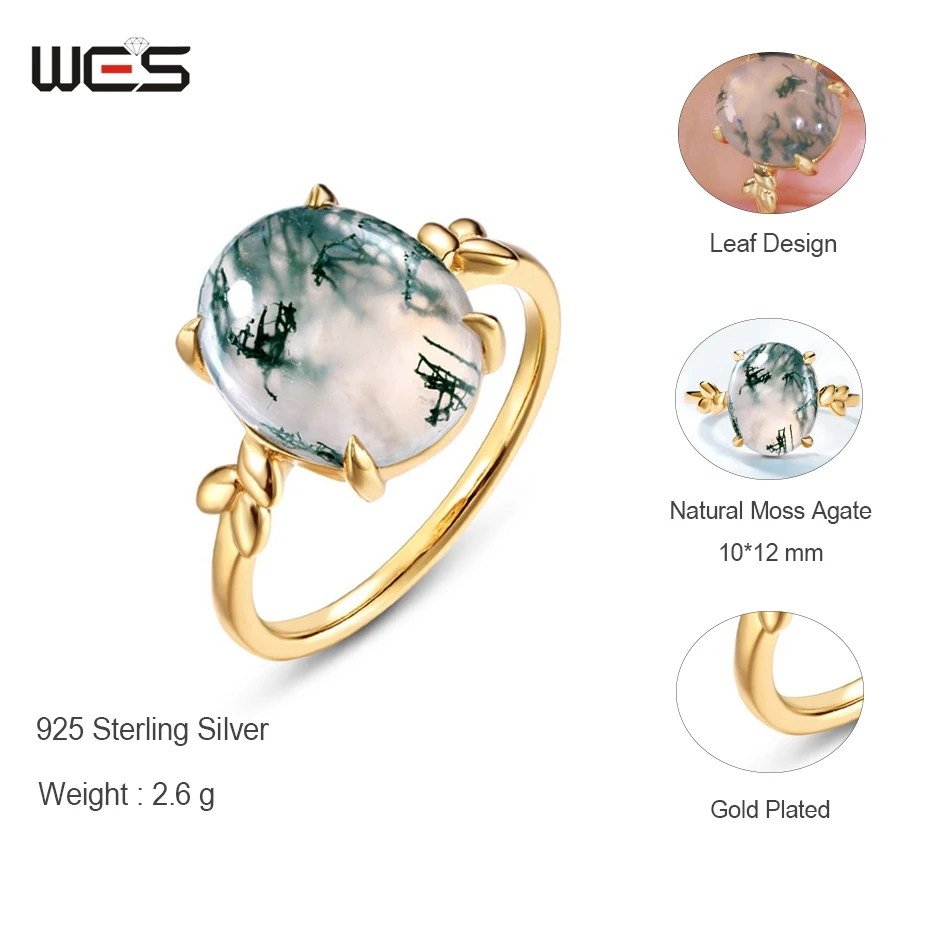

WES Unique Oval 10*12mm Natural Moss Agate Rings for Woman 925 Silver Vintage Fine Jewelry Gold Plated Engagement Gift Wholesale