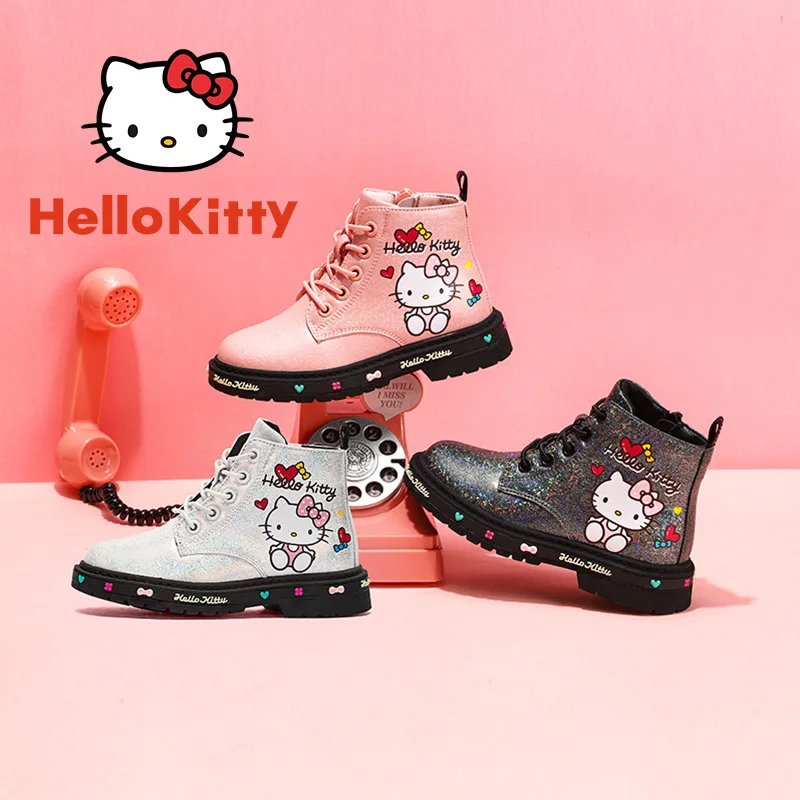 Miniso Hello Kitty Little Girls Martin Boots Children Princess Leather Shoes Kids Ankle Boot Student Short Non-Slip Fashion Gift