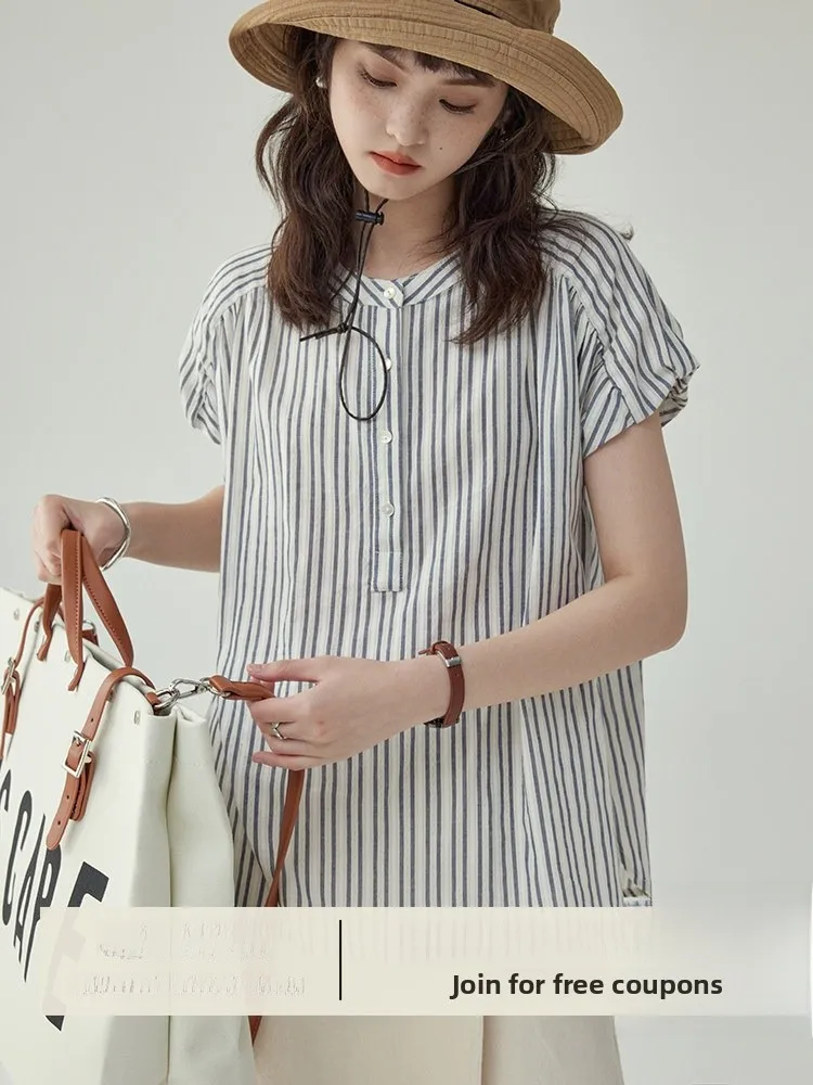 

AMUU North Island Japanese Style Striped Loose Short Sleeve round Neck Shirt Design Sensation Summer Top for Women