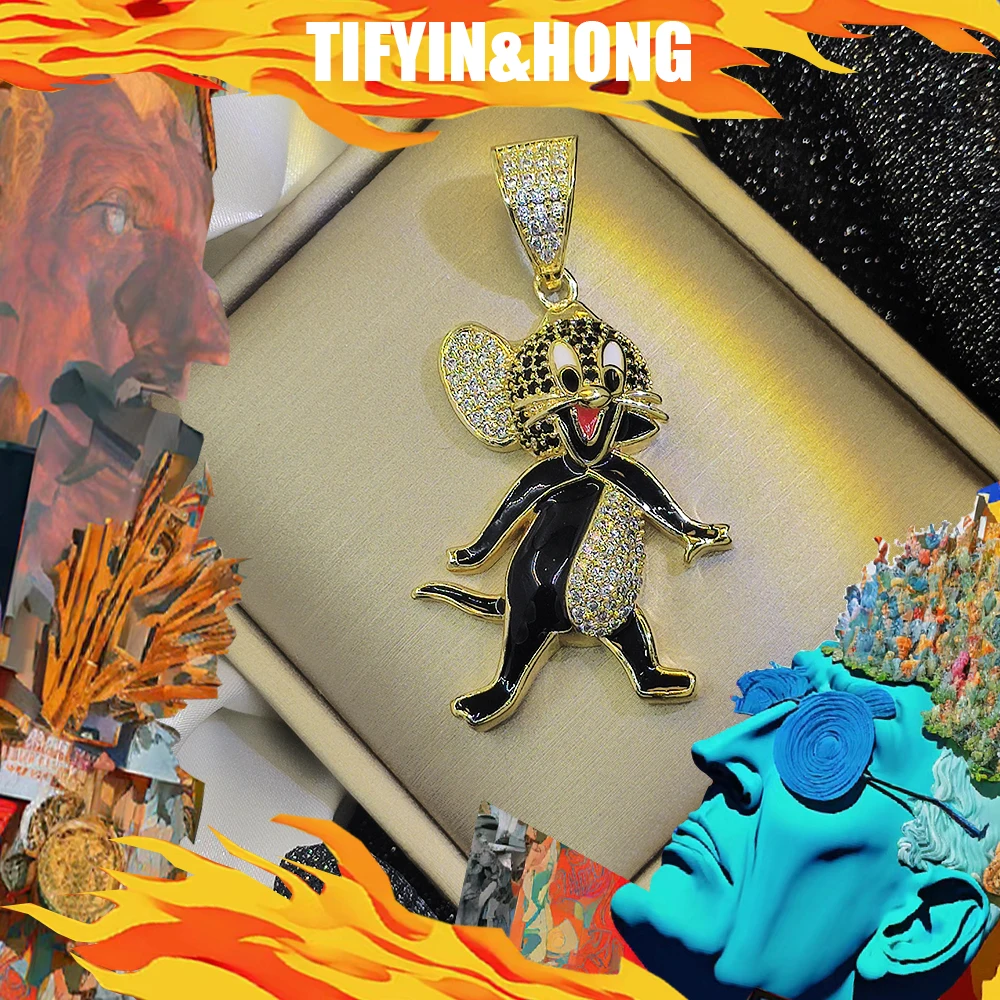 Luxury diamond cartoon character pendant paired with 18K gold-plated necklace, high-end customization, hip-hop rap decoration