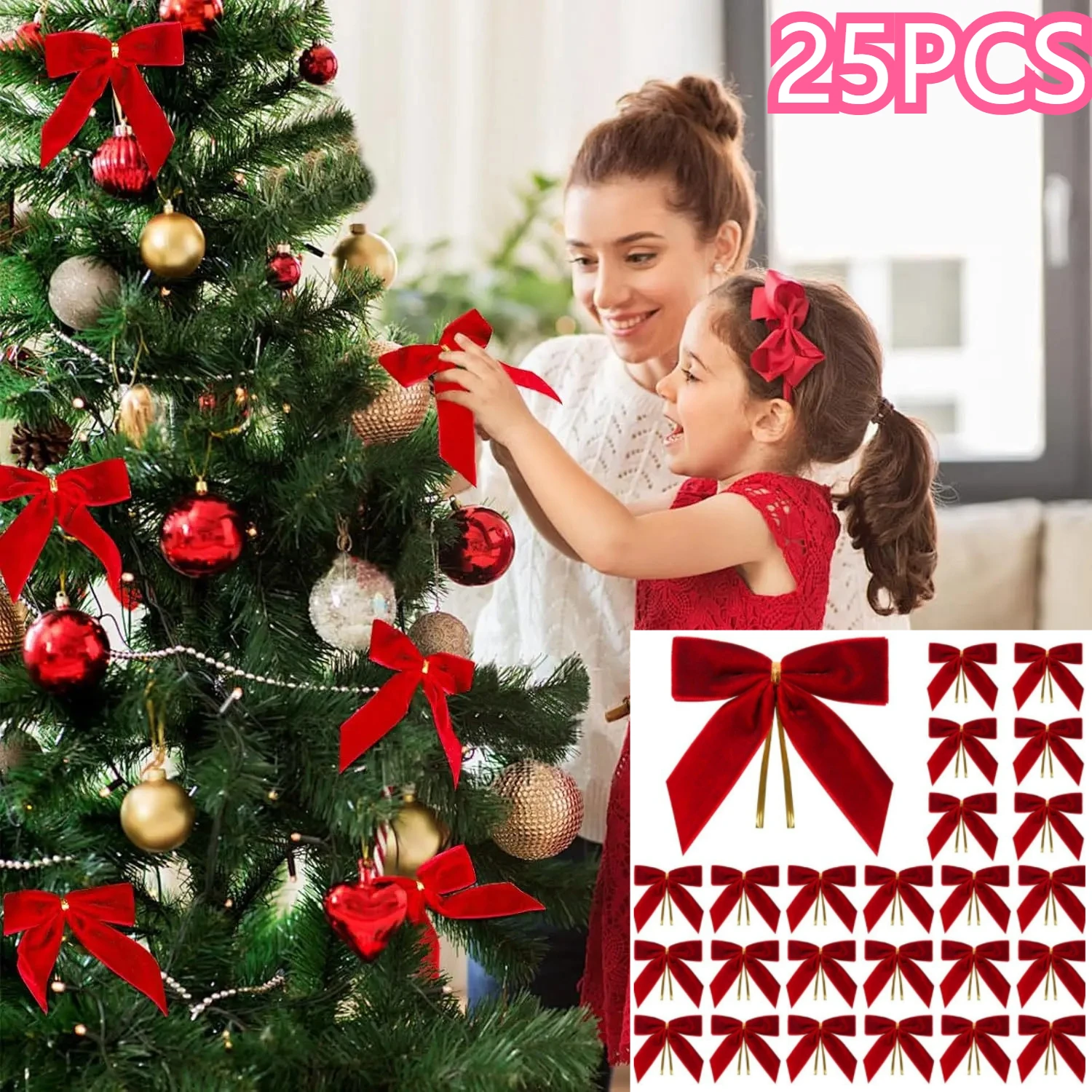

25pcs Christmas Bowknot Decoration Exquisite Holiday Bow Gifts Packaging Knot Home Decoration Pendant DIY Accessories Ornaments